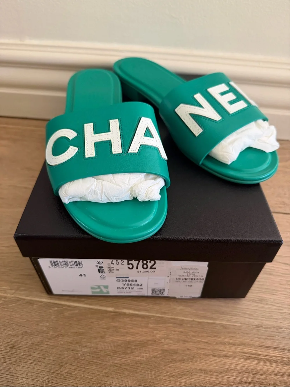 CHANEL Green Slide Sandals with White Logo Panel
